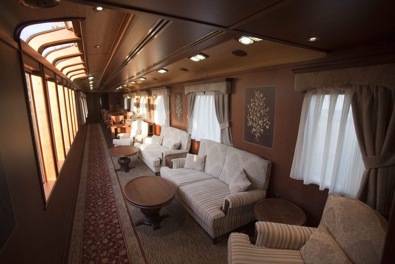El Transcantábrico lounge car with armchairs and panoramic roof windows